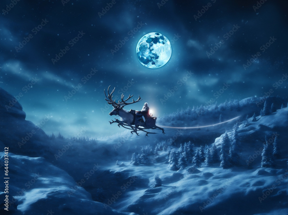 reindeer santa christmas gift claus sleigh winter claus december night holiday. Generative AI. - obrazy, fototapety, plakaty 