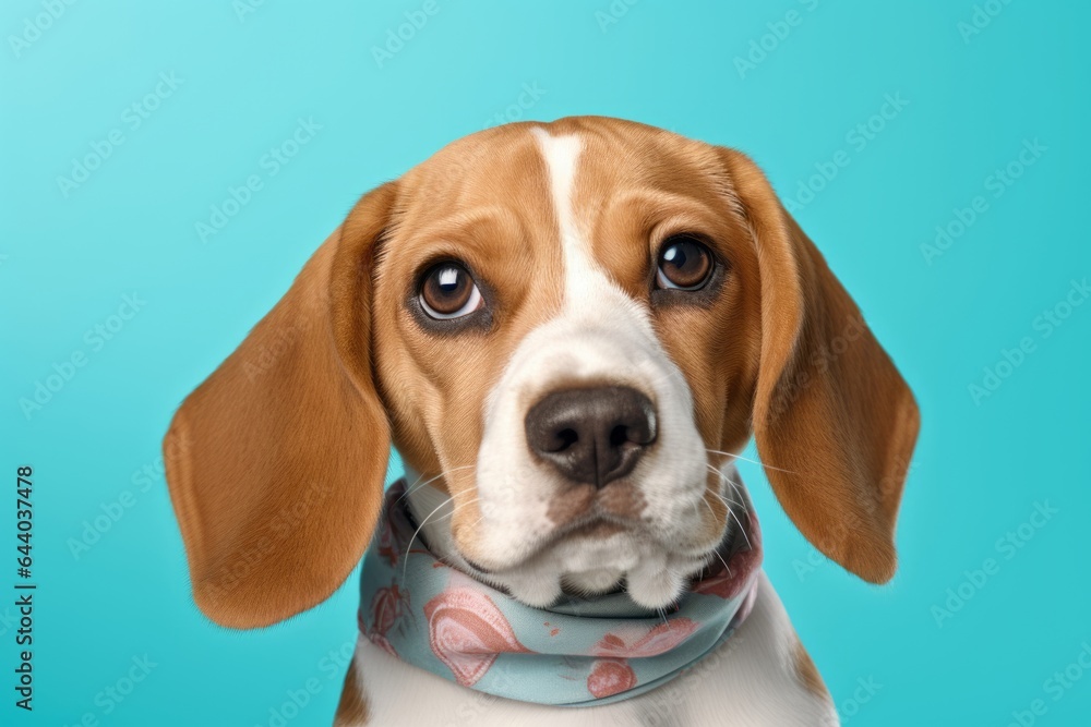 Medium shot portrait photography of a cute beagle wearing a cooling bandana against a turquoise blue background. With generative AI technology