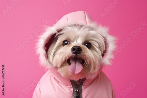 Medium shot portrait photography of a happy lowchen dog wearing a parka against a pastel pink background. With generative AI technology
