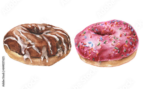 Hand drawn watercolor sweet donuts with glazed topping and sprinkles