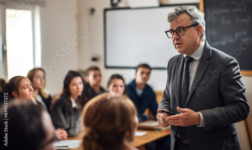 mature teacher talking to his student during lecture at university classroom