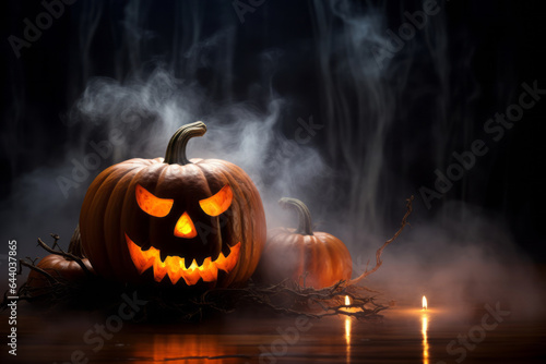 Halloween, orange pumpkin with a scary luminous face on a dark background. Thick gray smoke comes out and spreads across the black table. A close-up of a flashlight on the eve of all the saints