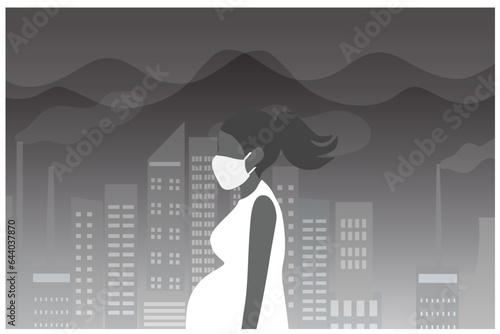 Pregnant woman wearing protective mask with city buildings and smoke dusts floating in the air. PM2.5 pollution for pregnancy vector illustration.