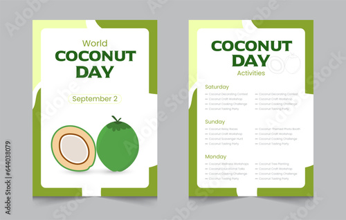 Coconut day activity invitation layout template, weekend activities a4 poster or flyer design, vector illustration eps 10