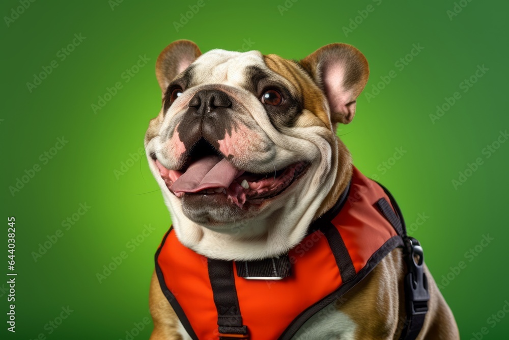 Headshot portrait photography of a smiling bulldog wearing a life jacket against a green background. With generative AI technology Headshot portrait photography of a smiling bulldog wearing a life jacket against a green background. With generative AI technology