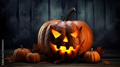 Halloween pumpkin Jack-o-lantern on the dark wooden background with a scary face as a symbol of halloween night with the concept full moon behind it