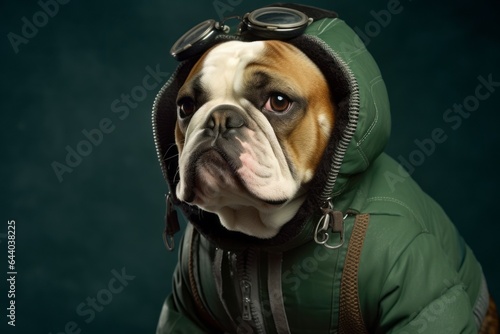 Photography in the style of pensive portraiture of a funny bulldog wearing a ski suit against a green background. With generative AI technology