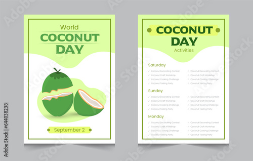 Coconut day activity invitation layout template, weekend activities a4 poster or flyer design, vector illustration eps 10