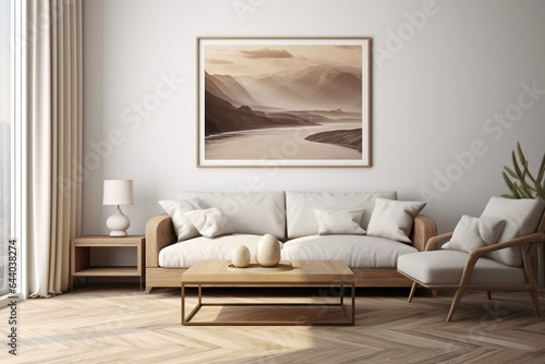 3D render of a poster frame in modern living room interior. Generative AI