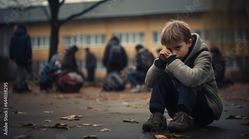 enfant seul et isolé dans une cours de récréation à l'école