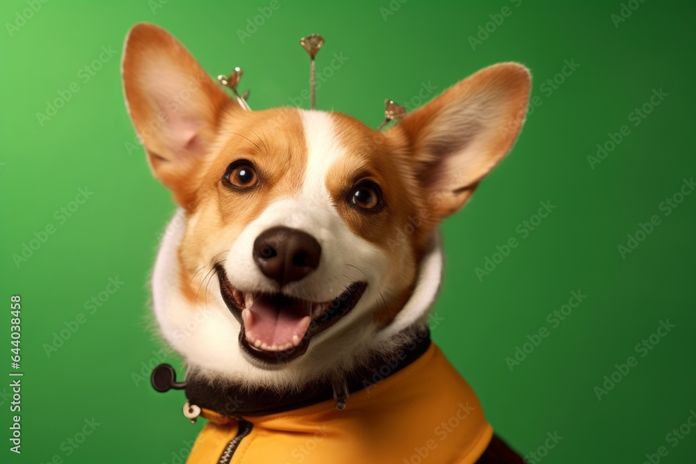 Close-up portrait photography of a smiling norwegian lundehund wearing a bee costume against a green background. With generative AI technology