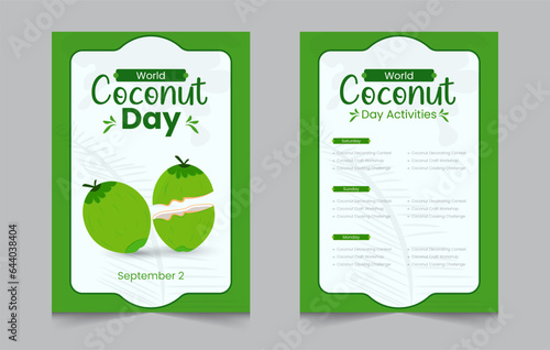 Coconut day activity invitation layout template, weekend activities a4 poster or flyer design, vector illustration eps 10