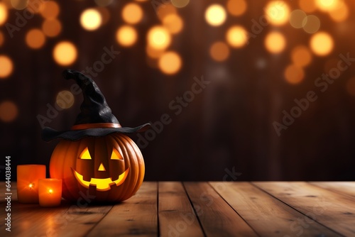 Halloween pumpkin on wooden table. 3d rendering. Bokeh background