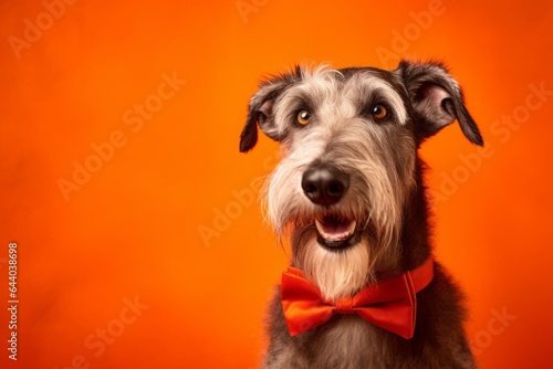 Environmental portrait photography of a happy irish wolfhound dog wearing a cute bow tie against a bright orange background. With generative AI technology