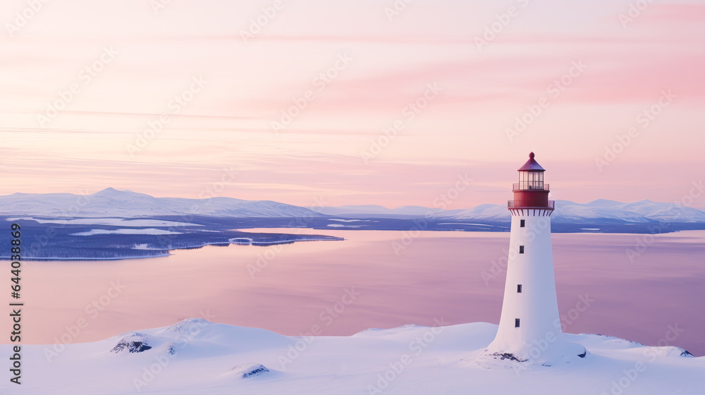 Snowy landscape of a lighthouse at sunset.