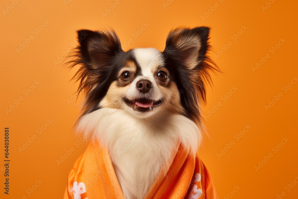 Medium shot portrait photography of a happy papillon dog wearing a plush robe against a bright orange background. With generative AI technology Medium shot portrait photography of a happy papillon dog wearing a plush robe against a bright orange background. With generative AI technology