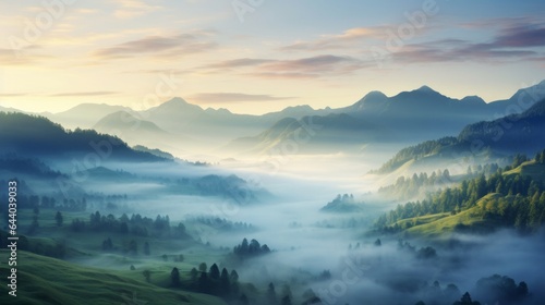 A painting of a foggy mountain valley