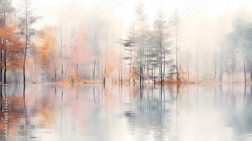 watercolor autumn gray forest with reflection in water, calm background landscape soft color © kichigin19