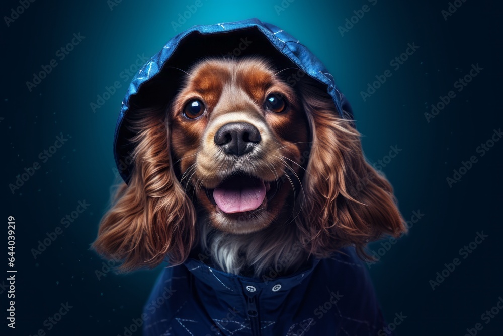 Close-up portrait photography of a smiling cocker spaniel wearing a parka against a deep indigo background. With generative AI technology