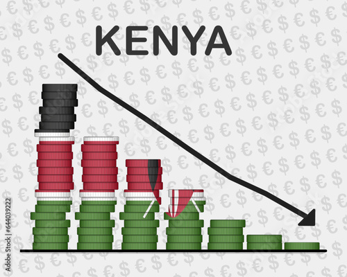 Kenya economic collapse, decreasing values with coins, crisis and downgrade concept