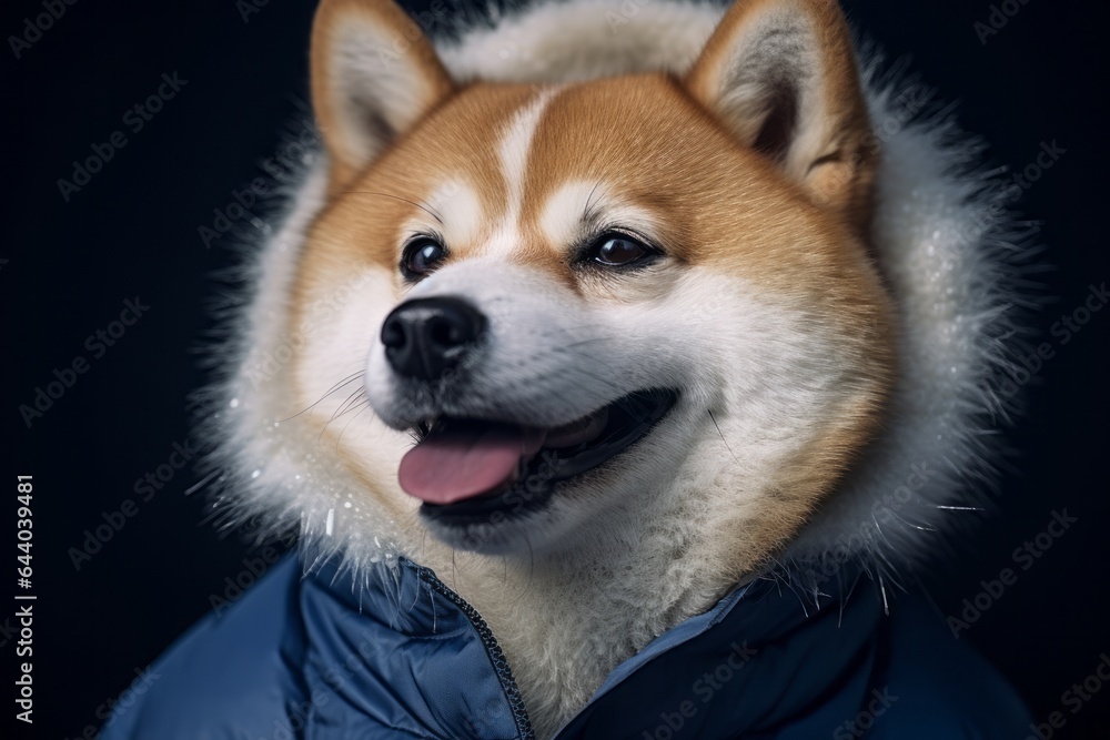 Medium shot portrait photography of a happy akita wearing a parka against a deep indigo background. With generative AI technology