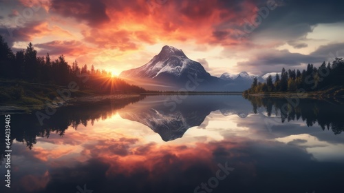 A mountain is reflected in the still water of a lake photo
