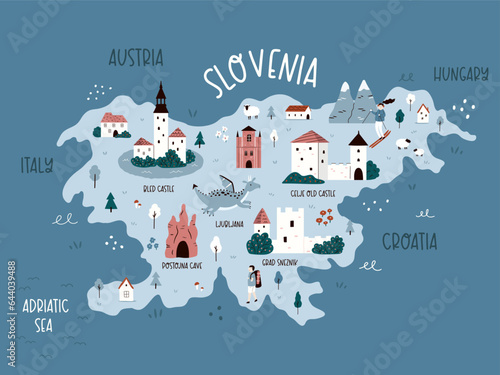 Slovenia hand drawn illustrated map with attractions, travel destinations.