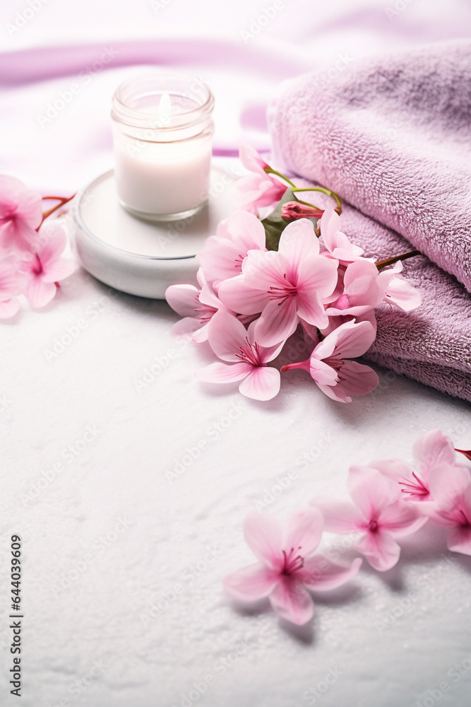 A spa setting with pink flowers, white towels, a candle and gray stones. The image is taken from a top-down perspective. A white textured surface with a zen-like circular pattern drawn in the sand. A spa setting with pink flowers, white towels, a candle and gray stones. The image is taken from a top-down perspective. A white textured surface with a zen-like circular pattern drawn in the sand.