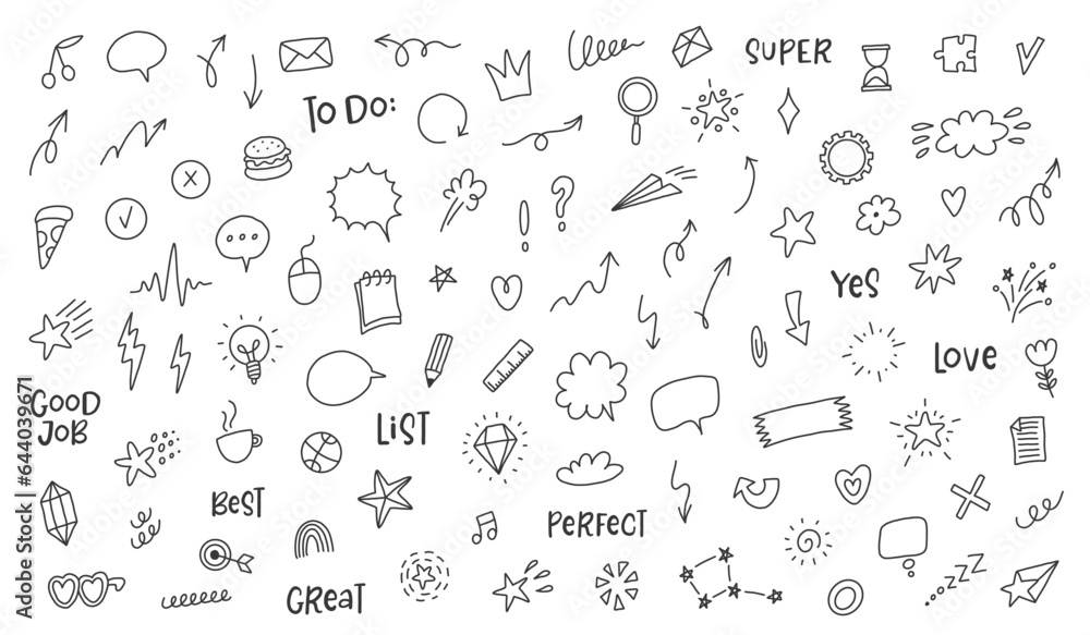 Doodle cute glitter pen line elements. Line movement element, emotion effect decoration icon. Set of simple doodle sparkles, stars, speech balloons, emotion, pattern elements, arrows, flowers icons