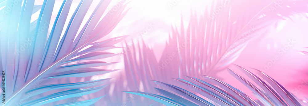 An abstract background of palm leaves in a gradient background. Blue and pink pastel hues. Dreamy and tropical feel.