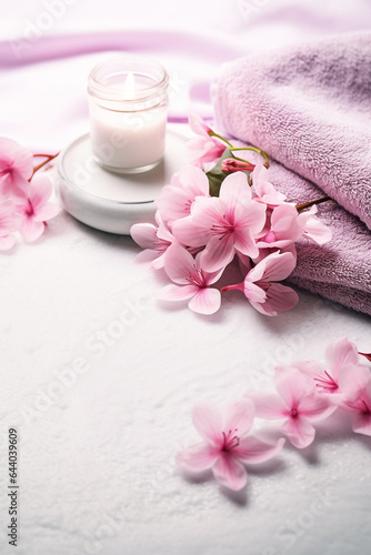 A spa setting with pink flowers  white towels  a candle and gray stones. The image is taken from a top-down perspective. A white textured surface with a zen-like circular pattern drawn in the sand.
