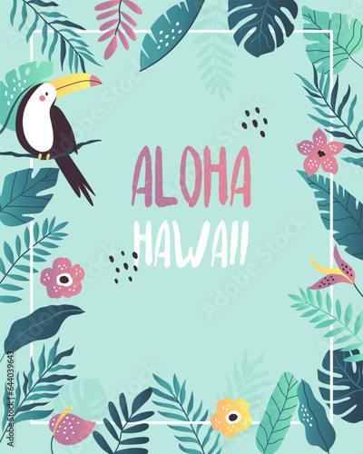Aloha Hawaii party invitation template with tropical leaves, blossom flowers and toucan