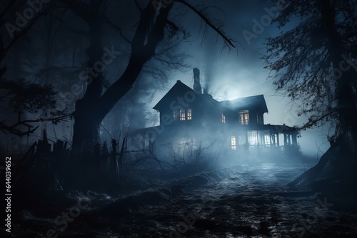 Old house with a Ghost in the forest at night or Abandoned Haunted Horror House in fog. Old mystic building in dead tree forest. Horror Halloween concept