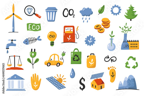 Cartoon corporate social responsibility set. Justice, core values, transparency, impact, ethical business, ecology, trust. ESG elements collection. Sustainable development goals illustration