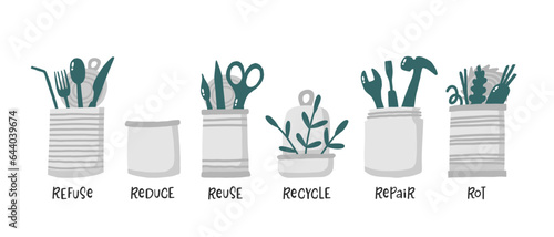 Reused tin cans containing herbs and growing salad greens with Recycle, Reuse, Reduce waste text written on cans. Stationery, home flower, tools, organic waste in tin cans standing in row. Zero waste