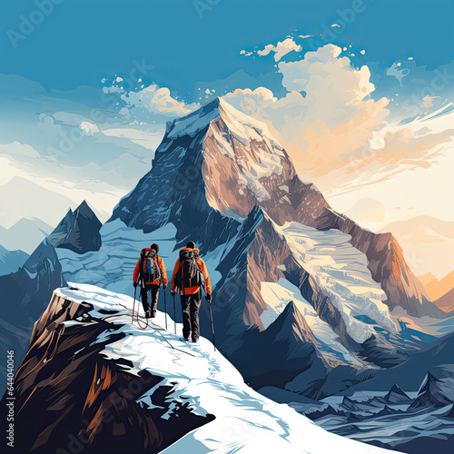 Hiker helping friend reach the mountain top, Generative Ai illustration.