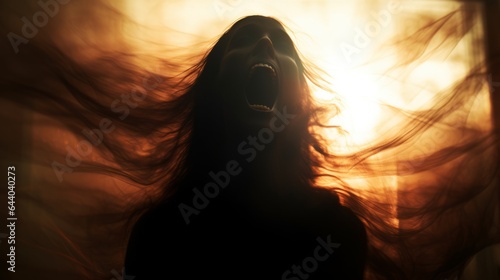 scary blurry silhouette of unrecognizable person screaming behind veil © Aliaksandr Siamko
