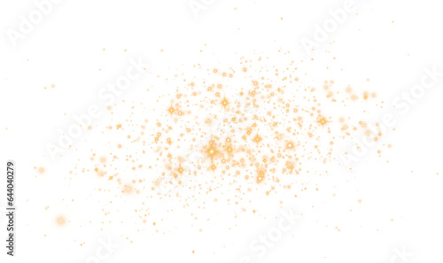 Golden glitter and bokeh on transparent backdrop. Luxury particles with stardust. Glow light effect. Magic Christmas composition. Special shine for poster or advertising. PNG.