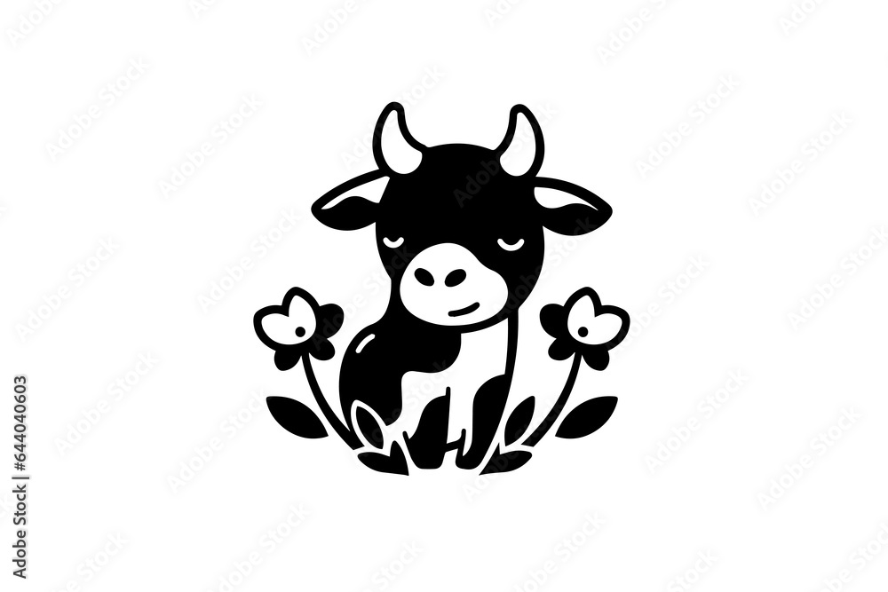 Minimalistic ink silhouette cow and flower logotype,label or emblem design isolated on white background. Vector illustration.