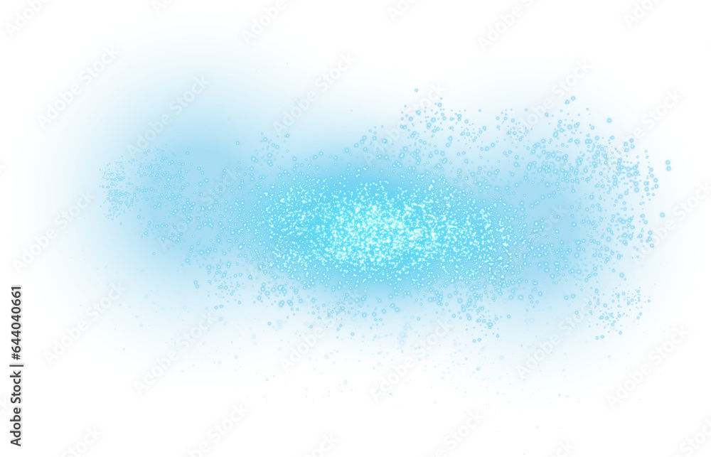 Blue glitter and bokeh on transparent backdrop. Luxury particles with stardust. Glow light effect. Magic Christmas composition. Special shine for poster or advertising. PNG.