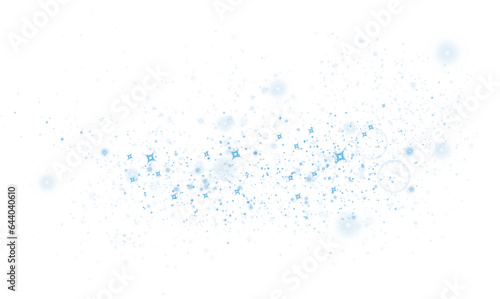 Blue glitter and bokeh on transparent backdrop. Luxury particles with stardust. Glow light effect. Magic Christmas composition. Special shine for poster or advertising. PNG.