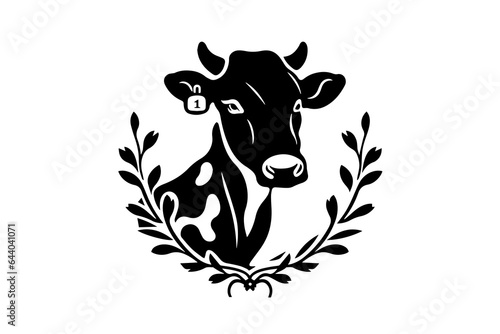 Minimalistic ink silhouette cow and branches logotype or emblem design. Isolated on white background. Vector illustration.