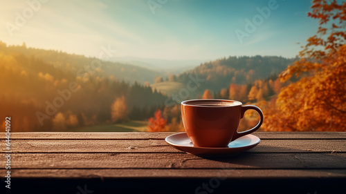 a cup of hot on the background of a blurry autumn landscape