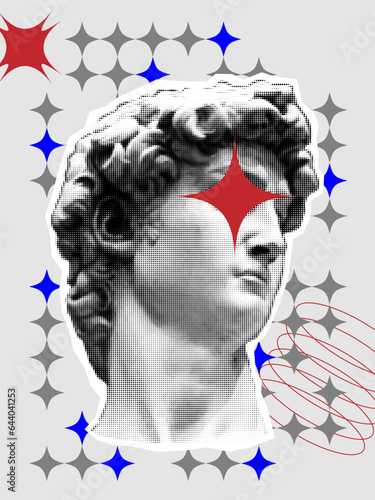 Pop art grunge poster with greece modern faces. Brutalist style. Minimalistic basic figures, extraordinary elements of geometrical shapes composition. Psychedelic design in dadaism, Y2K trendy style