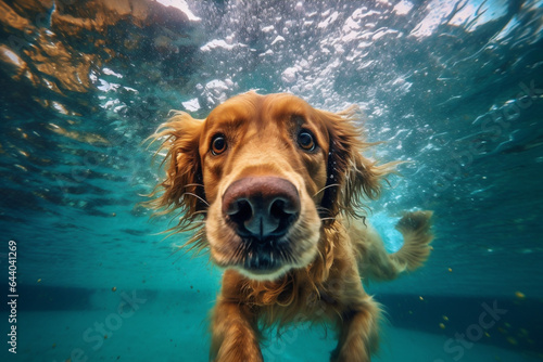dog puppy water funny underwater swimming snorkeling vacation fun pool. Generative AI.