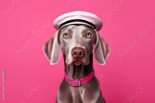 Medium shot portrait photography of a funny weimaraner dog wearing a sailor suit against a hot pink background. With generative AI technology