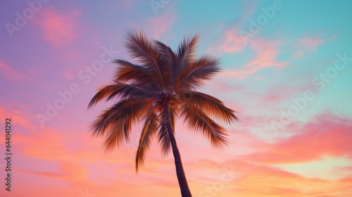 A palm tree is silhouetted against a colorful sunset © cac_tus