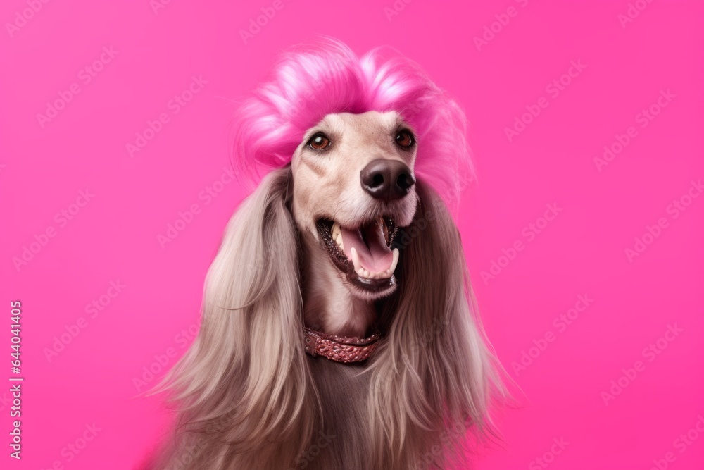 Close-up portrait photography of a smiling afghan hound dog wearing a lion mane against a hot pink background. With generative AI technology Close-up portrait photography of a smiling afghan hound dog wearing a lion mane against a hot pink background. With generative AI technology