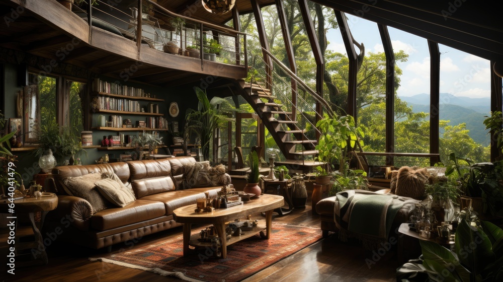 Interior Design Living Room Background in the Amazonas Mountains - Eco Nature Living Room Design - Amazing Living Room Background in the Amazonas Mountains Style created with Generative AI Technology