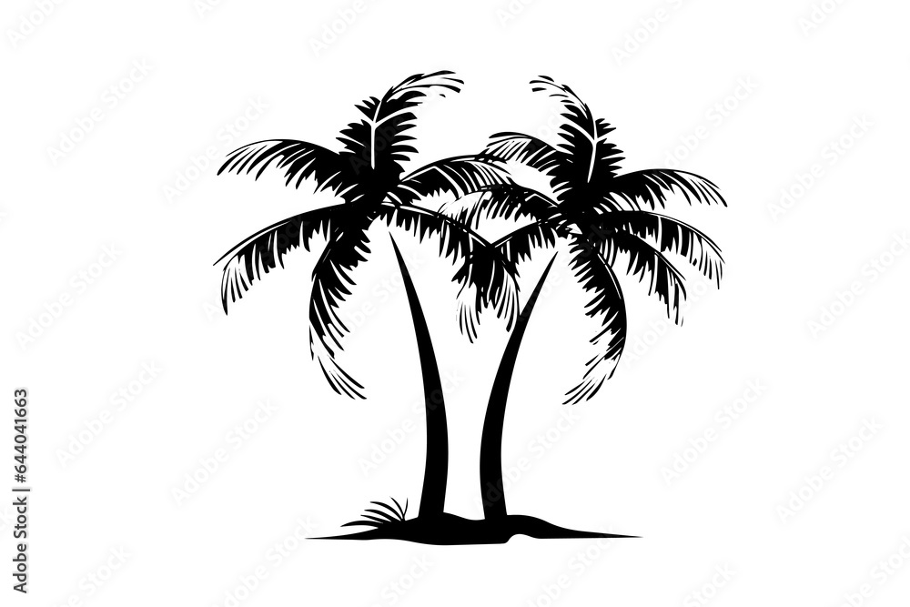 Palm tree with coconut hand drawn sketch. Ink silhouette vector illustration.